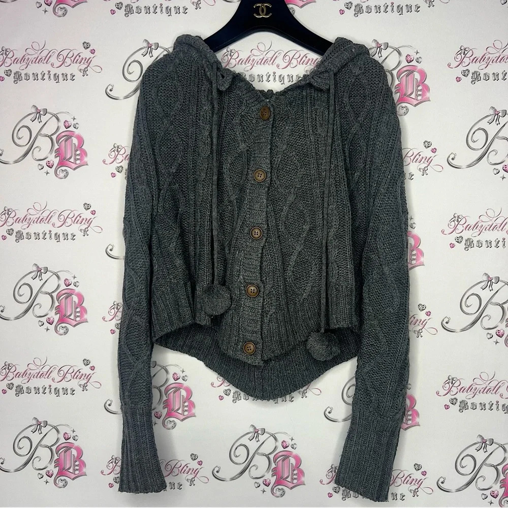 Only Pom Pom sweater knitted grey with fluff balls tie ups button up adorable